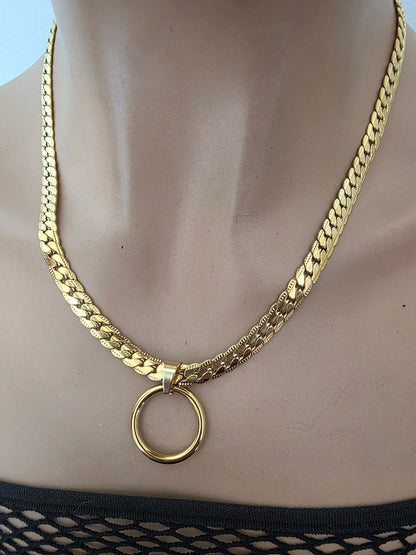 Masc Style Gold Steel Day Collar, O-Ring Pendant, Precision Fit with Locking Option - Herringbone Chain Symbolic Necklace