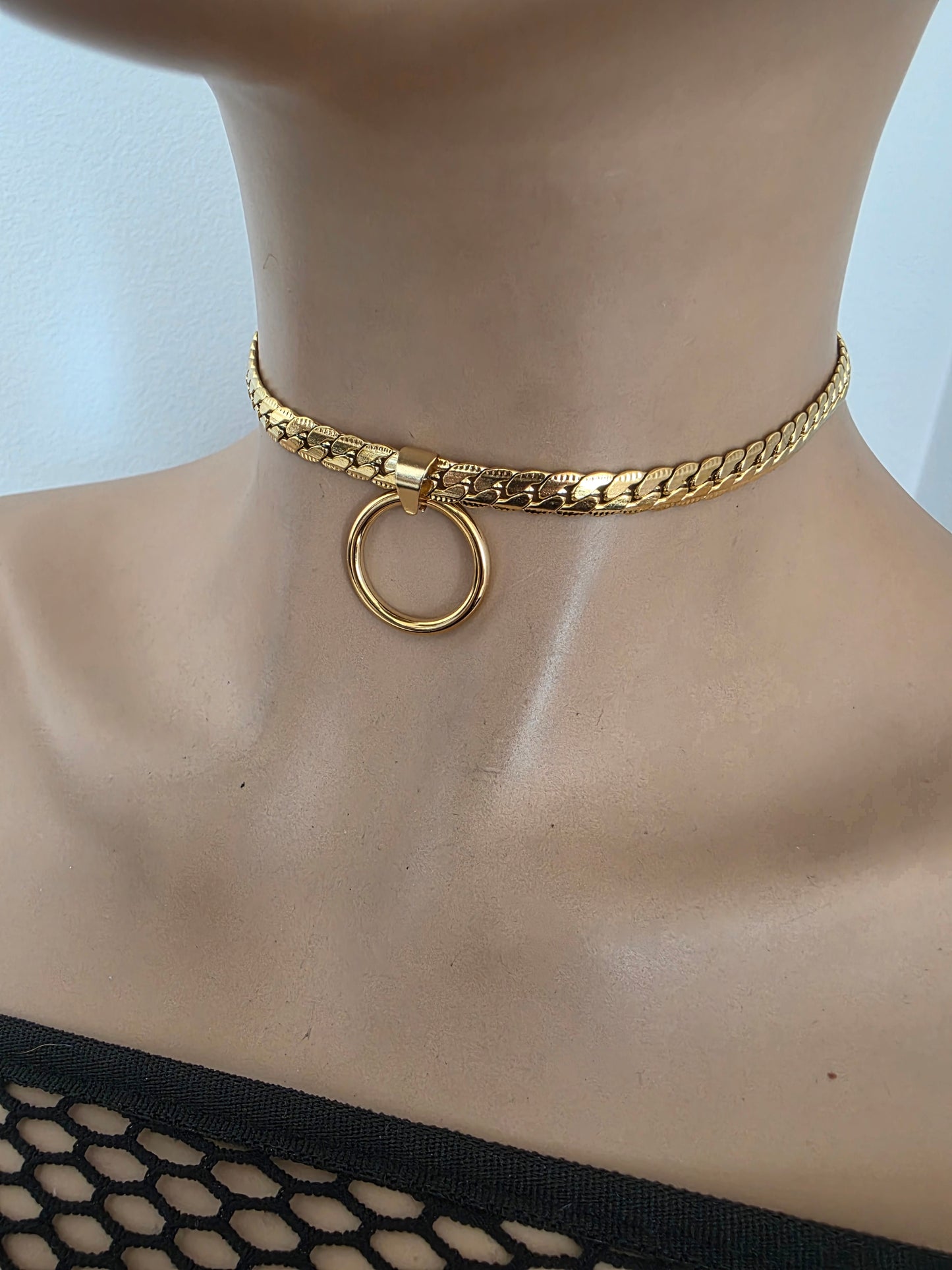 Masc Style Gold Steel Day Collar, O-Ring Pendant, Precision Fit with Locking Option - Herringbone Chain Symbolic Necklace
