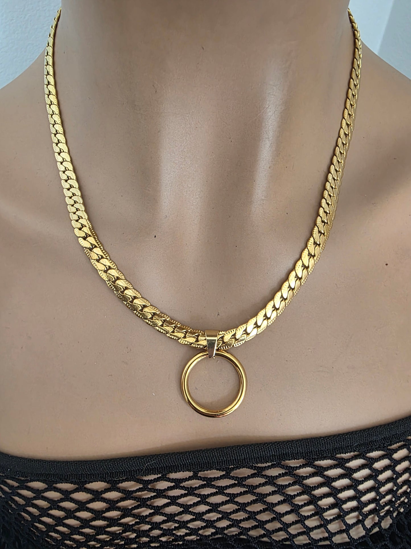 Masc Style Gold Steel Day Collar, O-Ring Pendant, Precision Fit with Locking Option - Herringbone Chain Symbolic Necklace