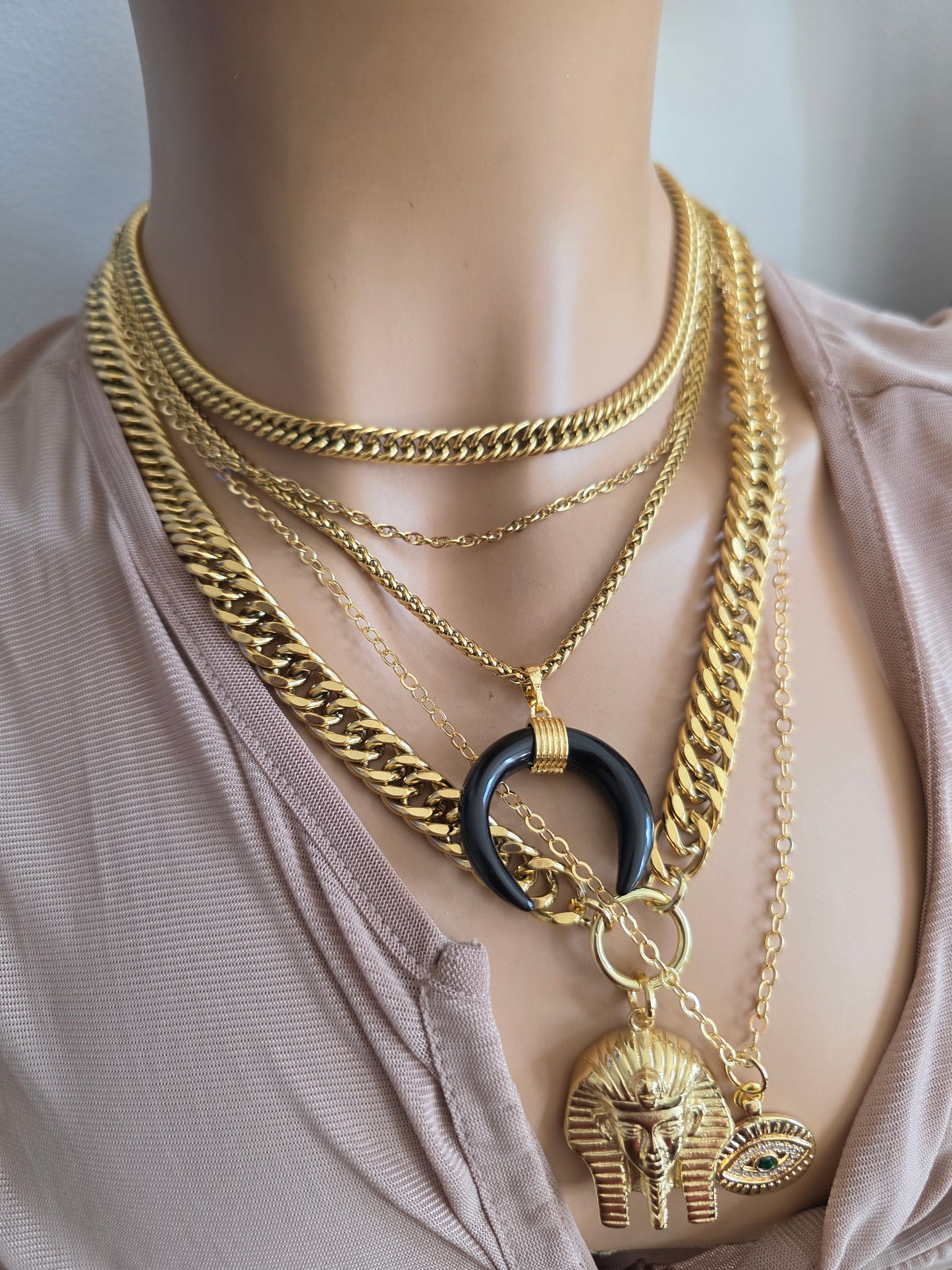 Gold geschichtet Multi Strang klobige Kette Pharoah böse Auge Anhänger Halskette Set