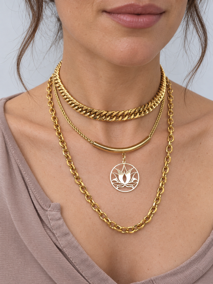 Gold Steel Layered Necklace Set - Lotus | Symbolic | Gold Maximalist Necklace