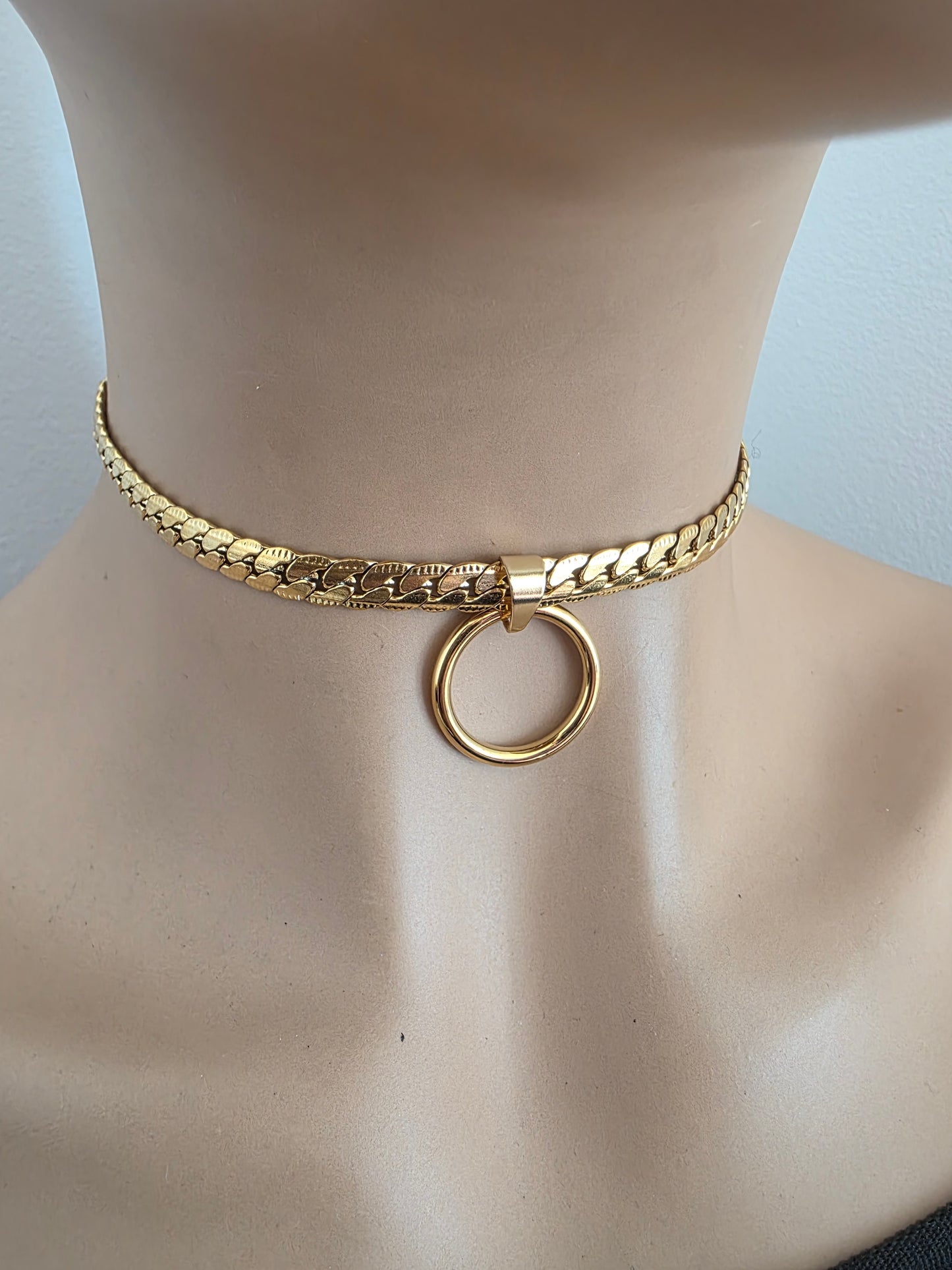 Masc Style Gold Steel Day Collar, O-Ring Pendant, Precision Fit with Locking Option - Herringbone Chain Symbolic Necklace