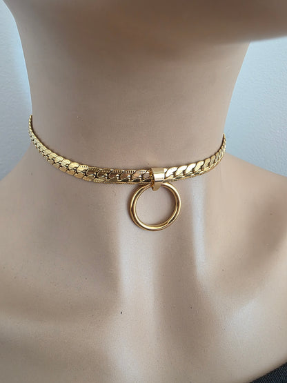 Masc Style Gold Steel Day Collar, O-Ring Pendant, Precision Fit with Locking Option - Herringbone Chain Symbolic Necklace