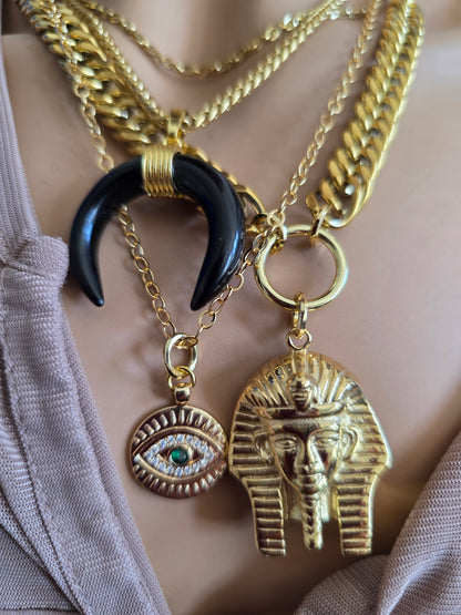 Gold geschichtet Multi Strang klobige Kette Pharoah böse Auge Anhänger Halskette Set