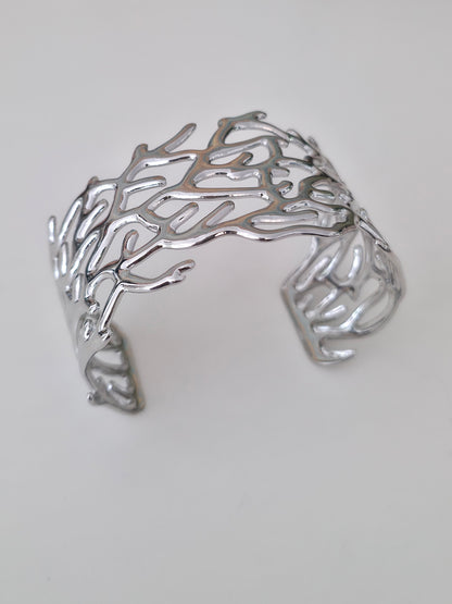 Sea Witch Coral Cuff Bracelet — Wide Statement Cuff — Stainless Steel — Silver
