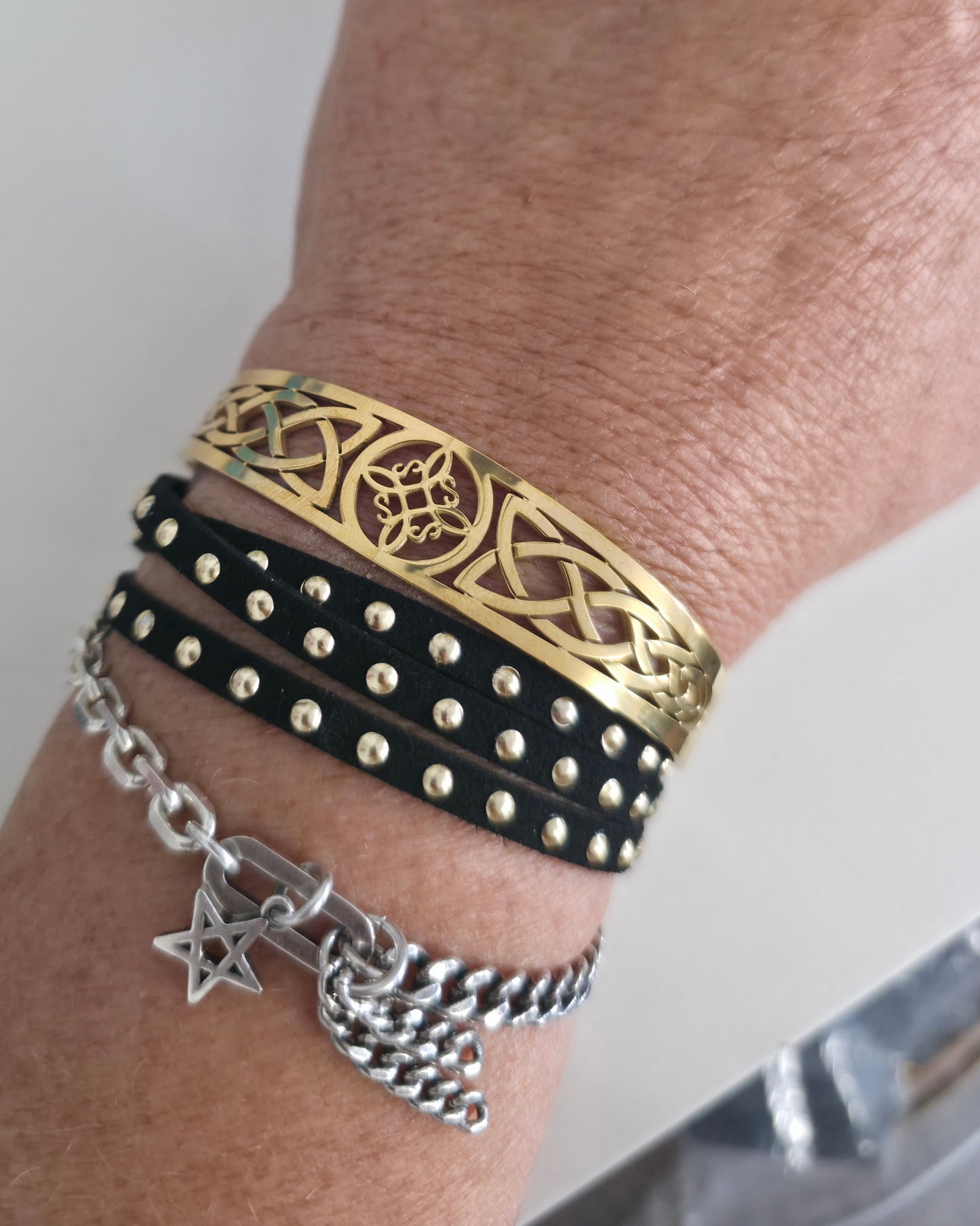 Gold Steel Witch's Knot Filligree Cuff Bracelet - Norse Pagan