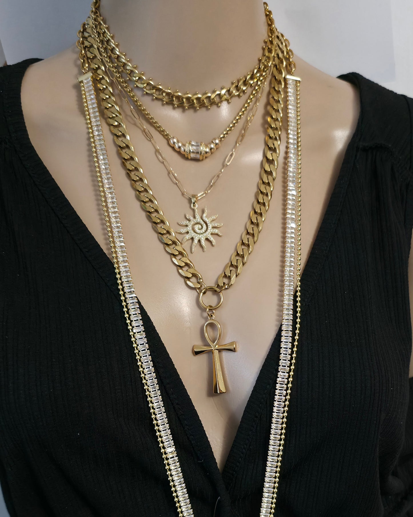 Egyptian Layered Necklace Set -- Falcon of Horus CZ Pendant and Gold Festoon Stack - 18K Gold Plated Ankh Sun Necklace - Maximalist Jewelry