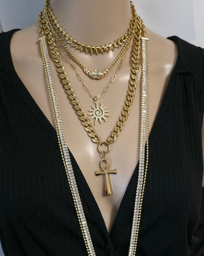 Egyptian Layered Necklace Set -- Falcon of Horus CZ Pendant and Gold Festoon Stack - 18K Gold Plated Ankh Sun Necklace - Maximalist Jewelry
