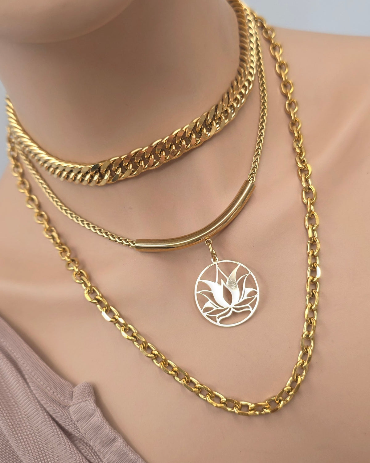 Gold Steel Layered Necklace Set - Lotus | Symbolic | Gold Maximalist Necklace