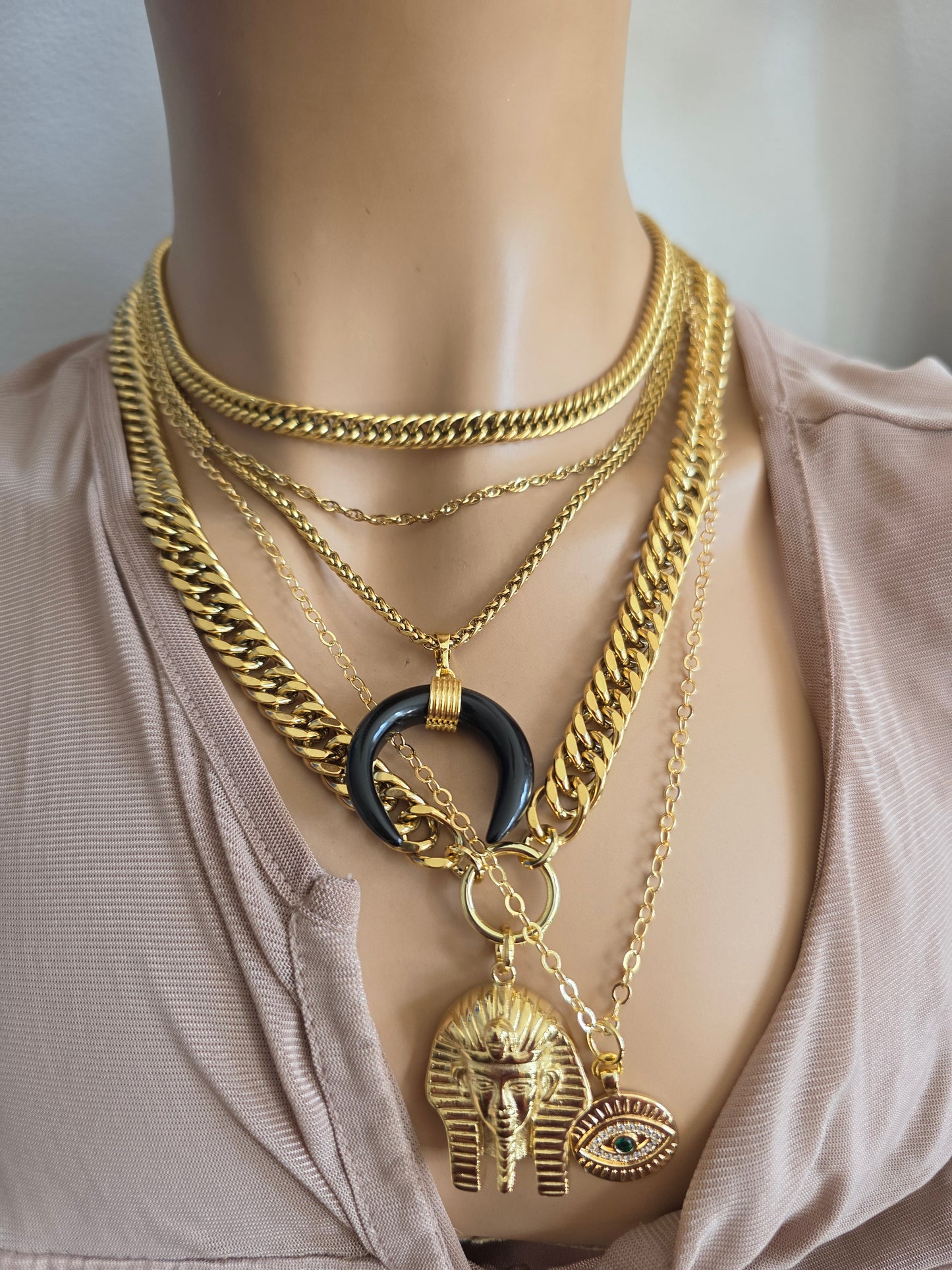 Gold geschichtet Multi Strang klobige Kette Pharoah böse Auge Anhänger Halskette Set