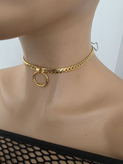 Masc Style Gold Steel Day Collar, O-Ring Pendant, Precision Fit with Locking Option - Herringbone Chain Symbolic Necklace