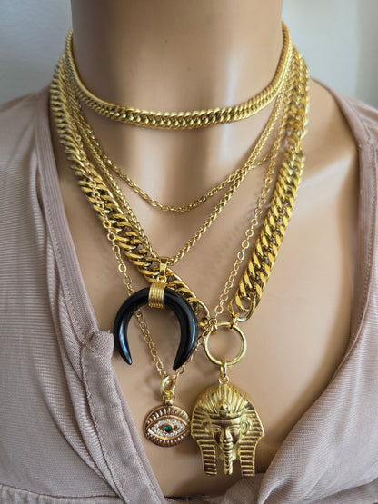 Gold geschichtet Multi Strang klobige Kette Pharoah böse Auge Anhänger Halskette Set