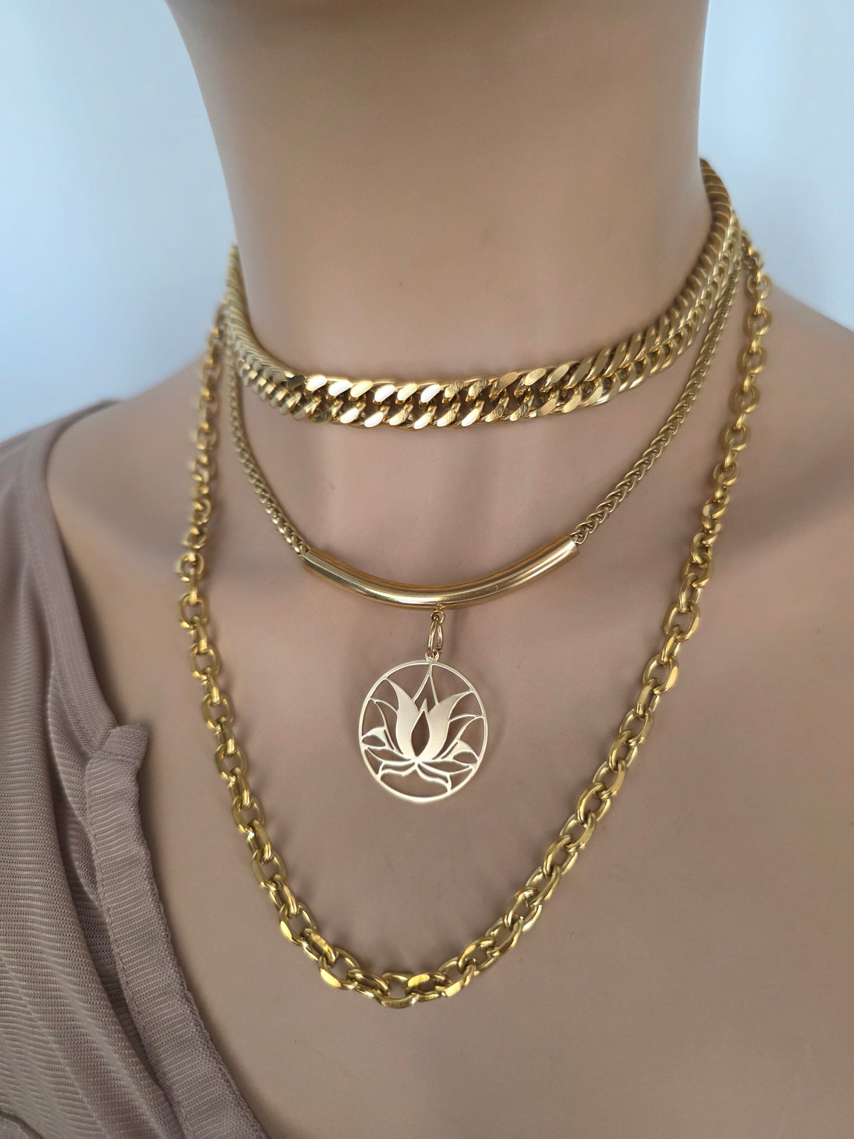 Gold Steel Layered Necklace Set - Lotus | Symbolic | Gold Maximalist Necklace