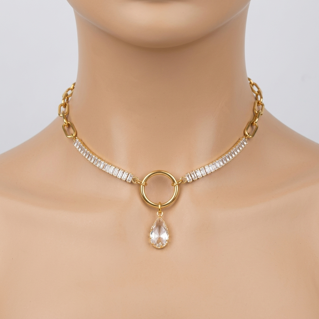 Gold Plated Steel Day Collar with CZ Baguettes and Crystal Pendant Choker Necklace & Permanent Locking Option