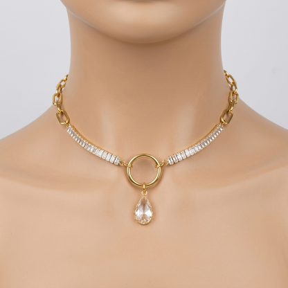 Gold Plated Steel Day Collar with CZ Baguettes and Crystal Pendant Choker Necklace & Permanent Locking Option