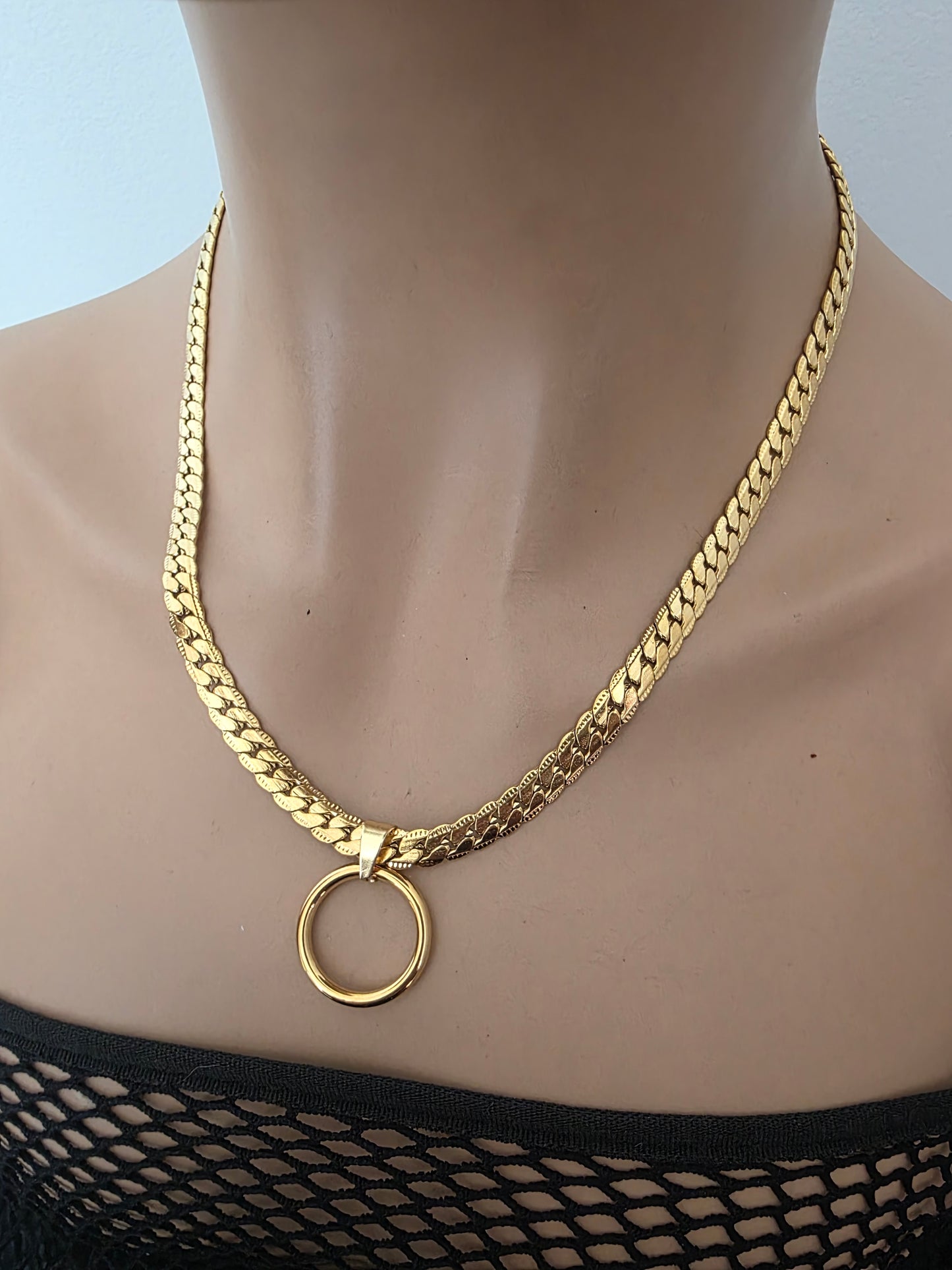 Masc Style Gold Steel Day Collar, O-Ring Pendant, Precision Fit with Locking Option - Herringbone Chain Symbolic Necklace