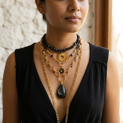 Gold Onyx Layered Multi Strand Chunky Necklace Stack Set - Handmade statement jewelry