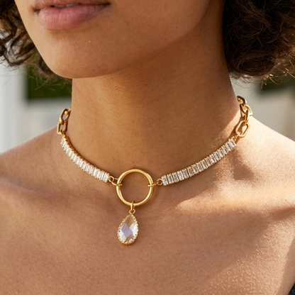 Gold Plated Steel Day Collar with CZ Baguettes and Crystal Pendant Choker Necklace & Permanent Locking Option