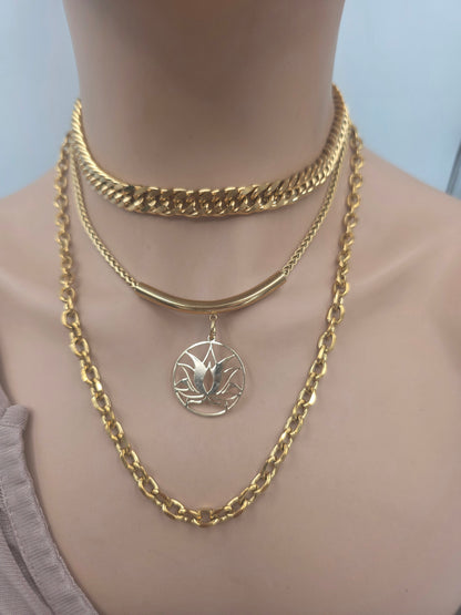 Gold Steel Layered Necklace Set - Lotus | Symbolic | Gold Maximalist Necklace