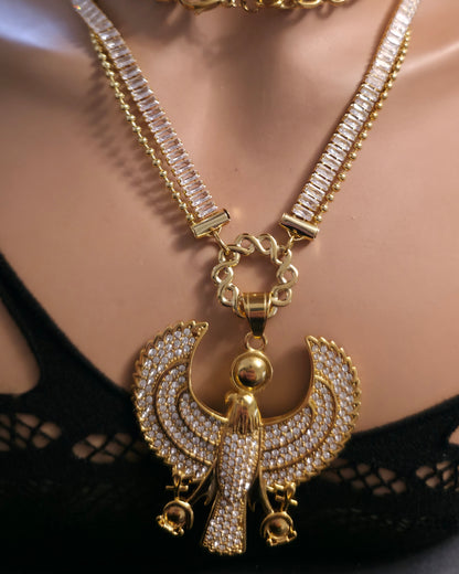 Egyptian Layered Necklace Set -- Falcon of Horus CZ Pendant and Gold Festoon Stack - 18K Gold Plated Ankh Sun Necklace - Maximalist Jewelry