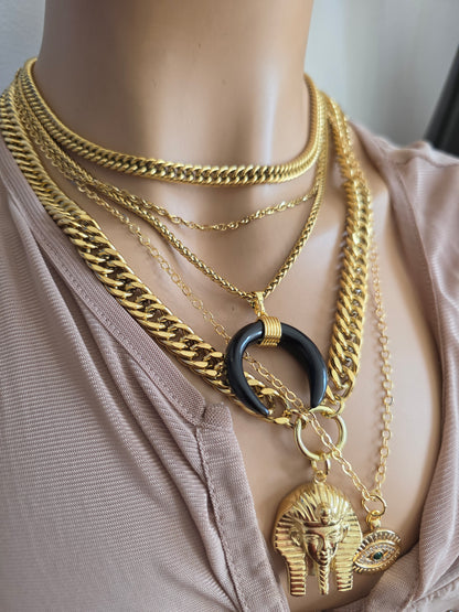 Gold geschichtet Multi Strang klobige Kette Pharoah böse Auge Anhänger Halskette Set