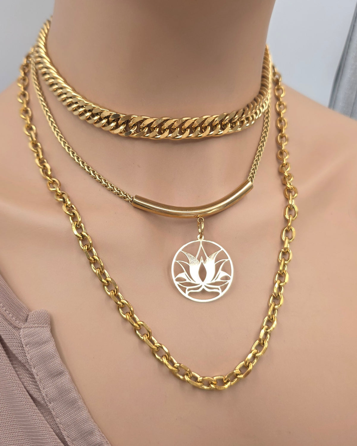 Gold Steel Layered Necklace Set - Lotus | Symbolic | Gold Maximalist Necklace