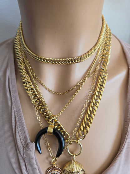 Gold geschichtet Multi Strang klobige Kette Pharoah böse Auge Anhänger Halskette Set