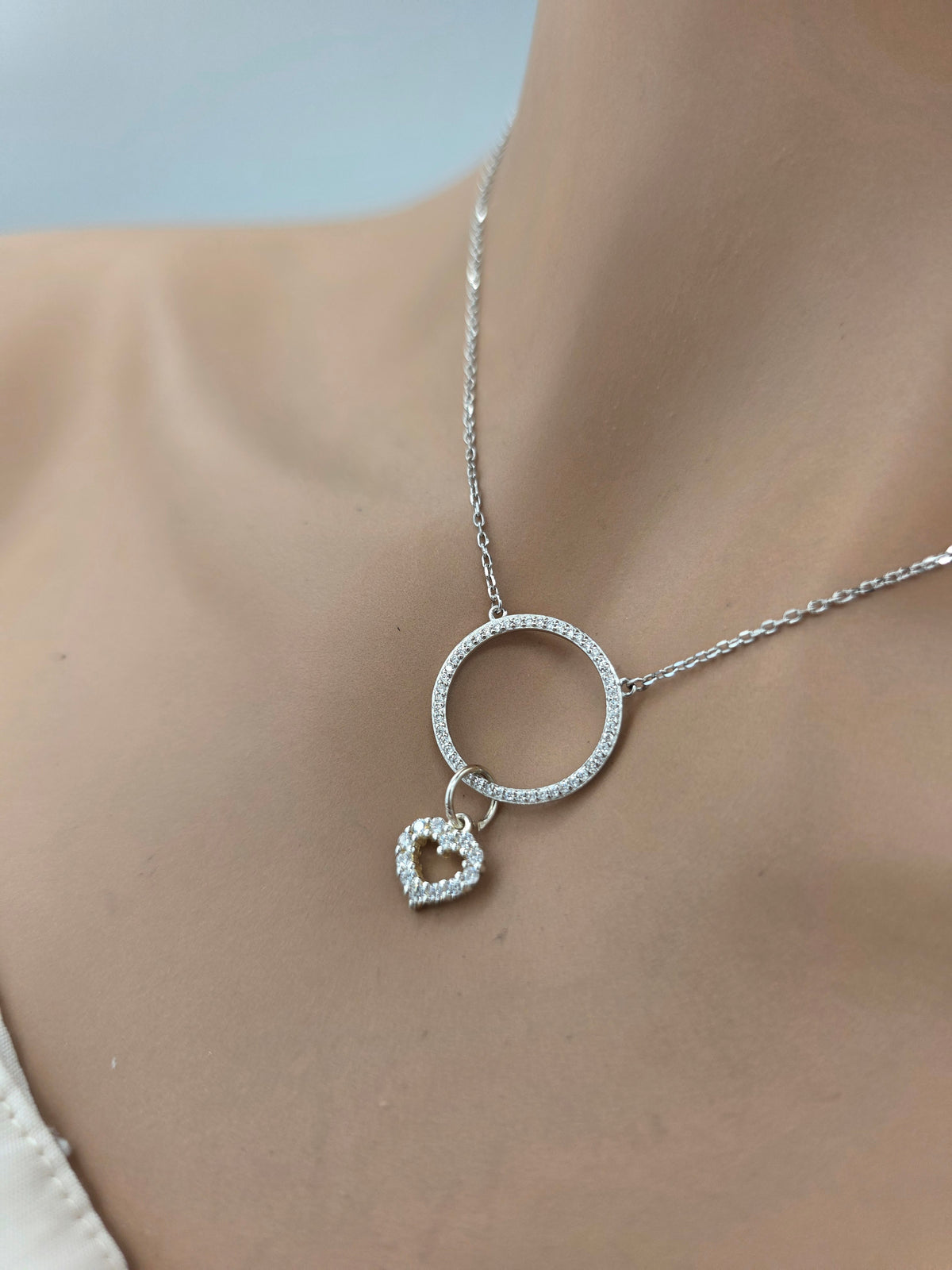 Sterling Silver Day Collar – Heart Pendant O-Ring | Classic | Cubic Zirconia