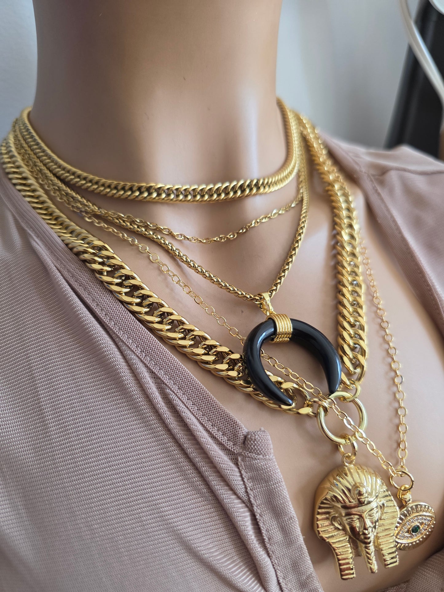 Gold geschichtet Multi Strang klobige Kette Pharoah böse Auge Anhänger Halskette Set