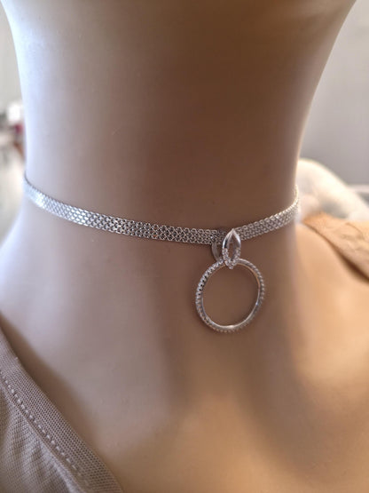 Sterling Silver Day Collar — Full CZ O-Ring Pendant on Rhodium Mesh Chain | 13"–17" Adjustable