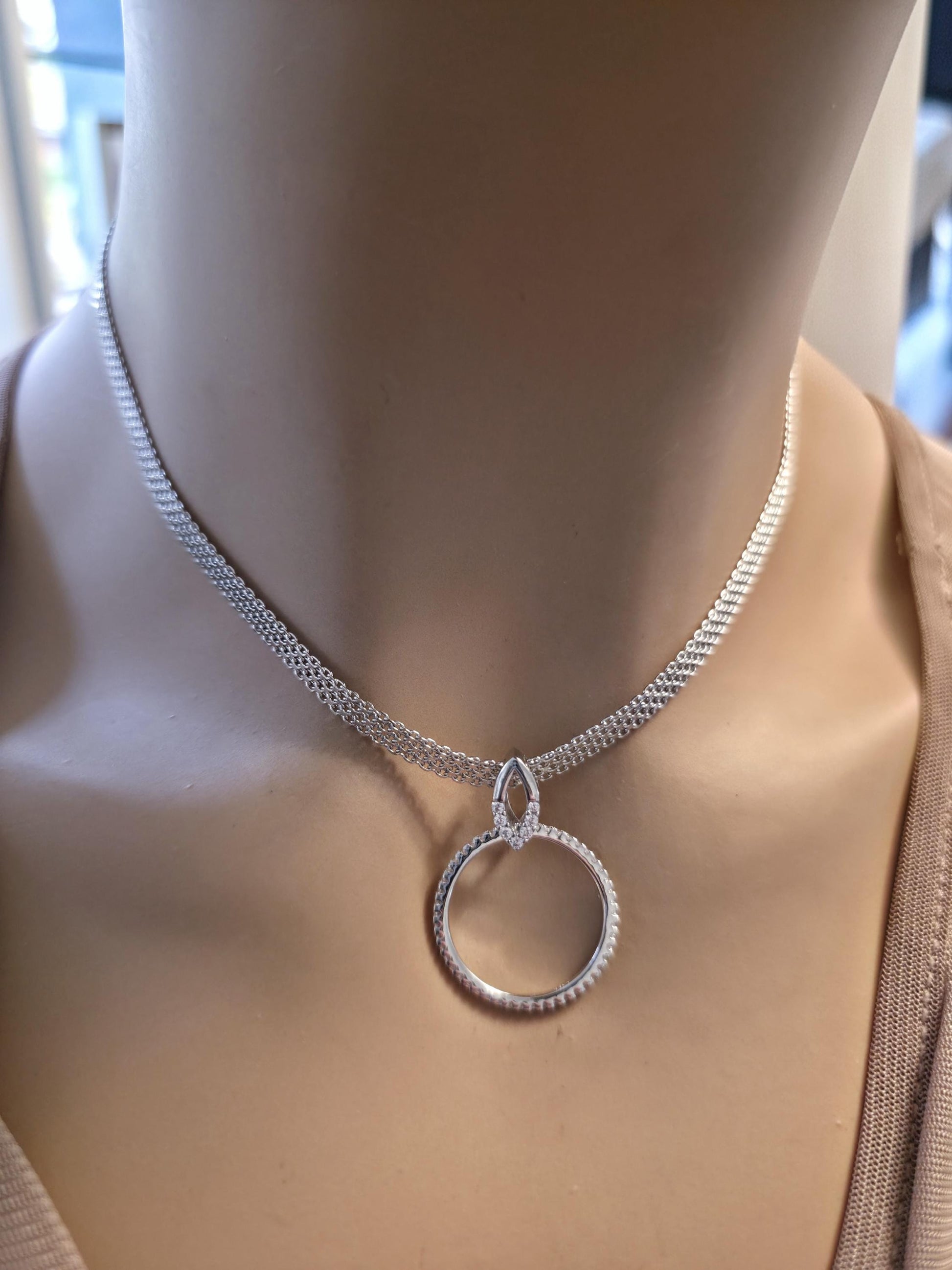 Sterling Silver Day Collar — Full CZ O-Ring Pendant on Rhodium Mesh Chain | 13"–17" Adjustable