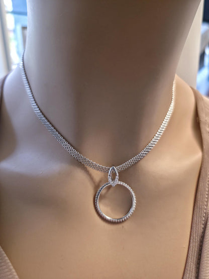 Sterling Silver Day Collar — Full CZ O-Ring Pendant on Rhodium Mesh Chain | 13"–17" Adjustable