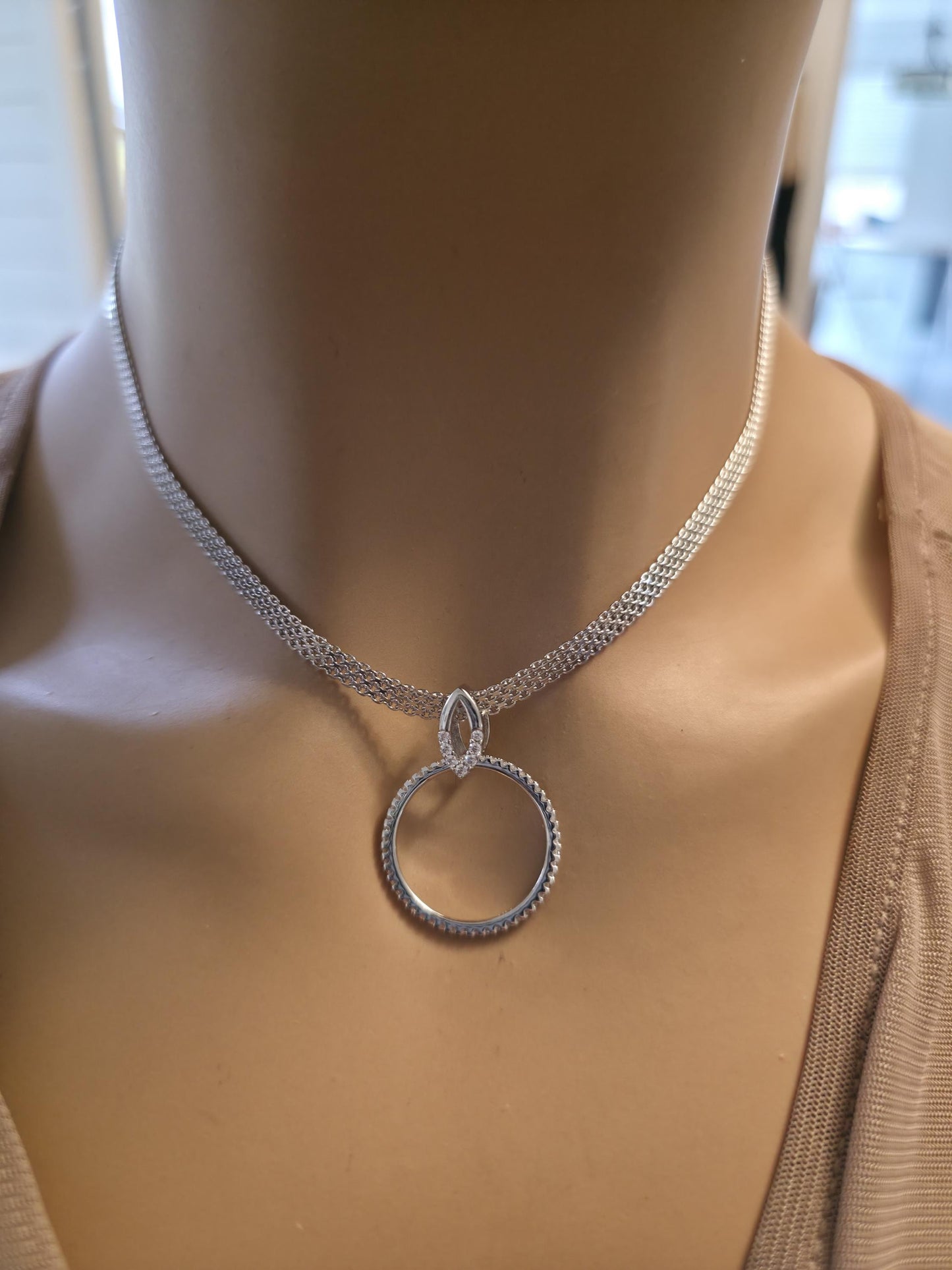 Sterling Silver Day Collar — Full CZ O-Ring Pendant on Rhodium Mesh Chain | 13"–17" Adjustable