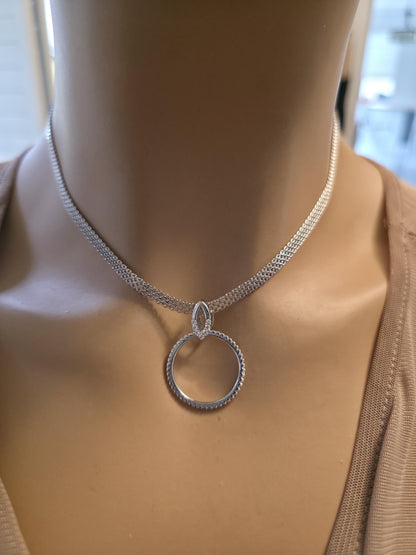 Sterling Silver Day Collar — Full CZ O-Ring Pendant on Rhodium Mesh Chain | 13"–17" Adjustable