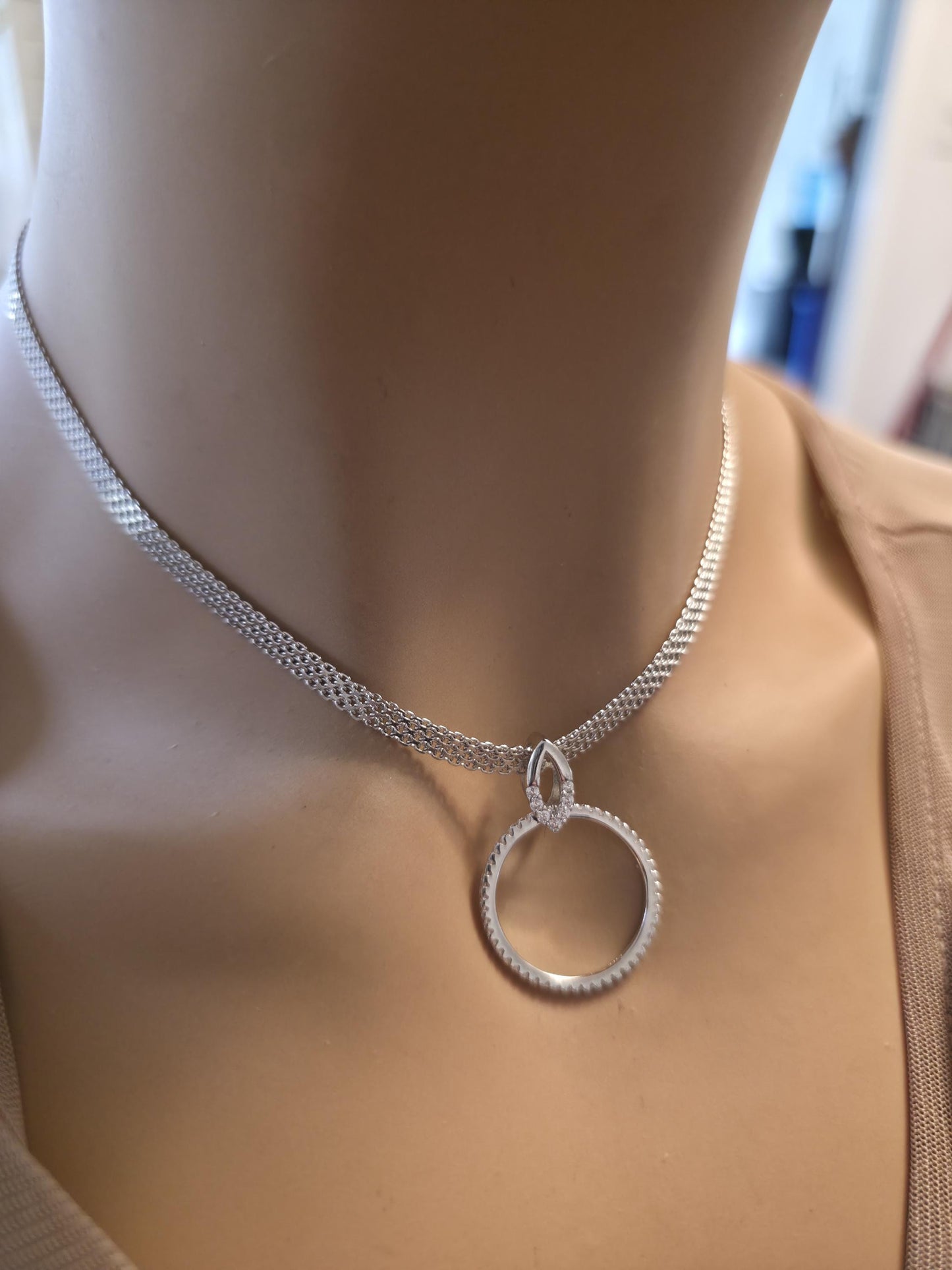 Sterling Silver Day Collar — Full CZ O-Ring Pendant on Rhodium Mesh Chain | 13"–17" Adjustable