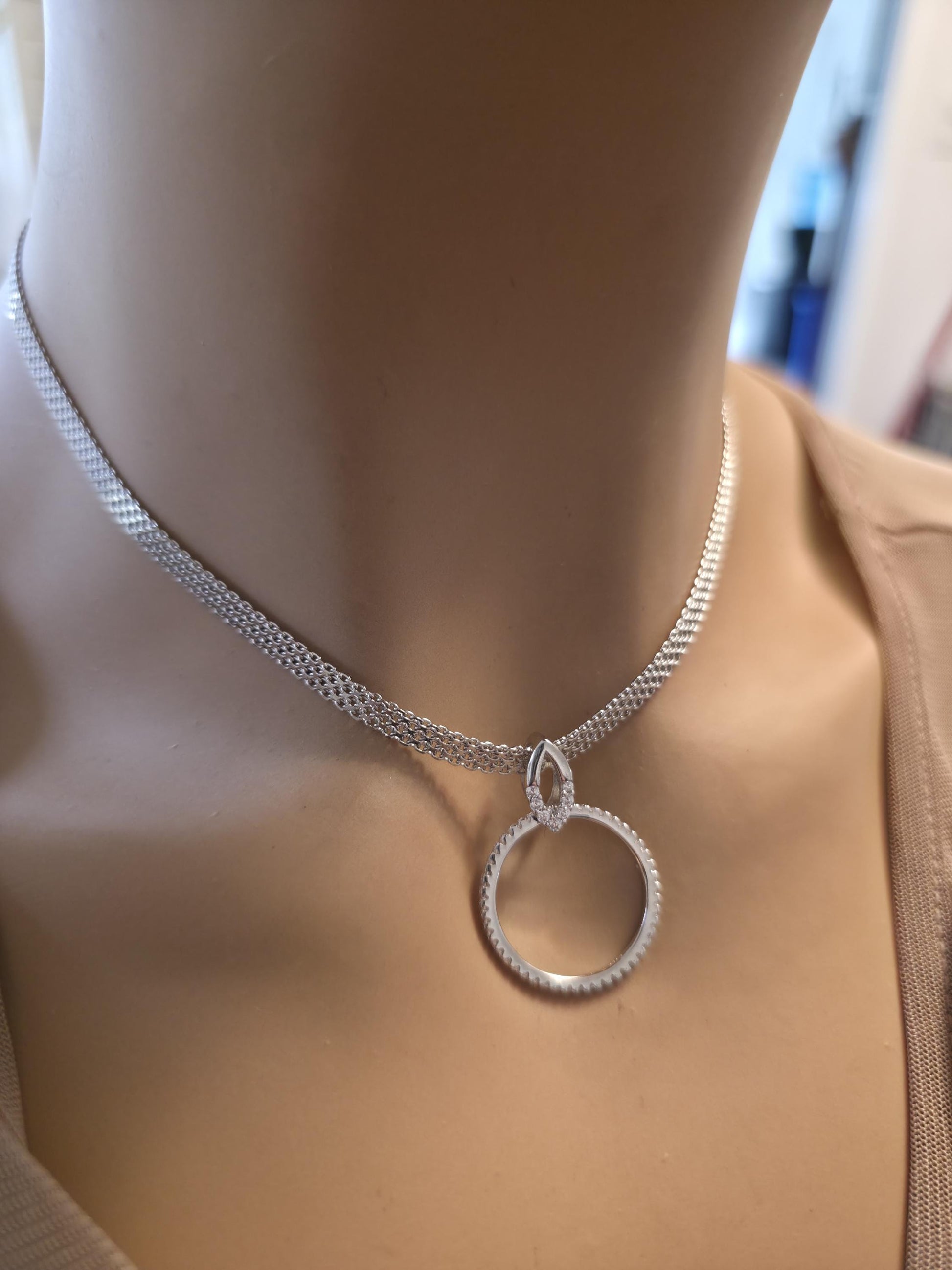 Sterling Silver Day Collar — Full CZ O-Ring Pendant on Rhodium Mesh Chain | 13"–17" Adjustable