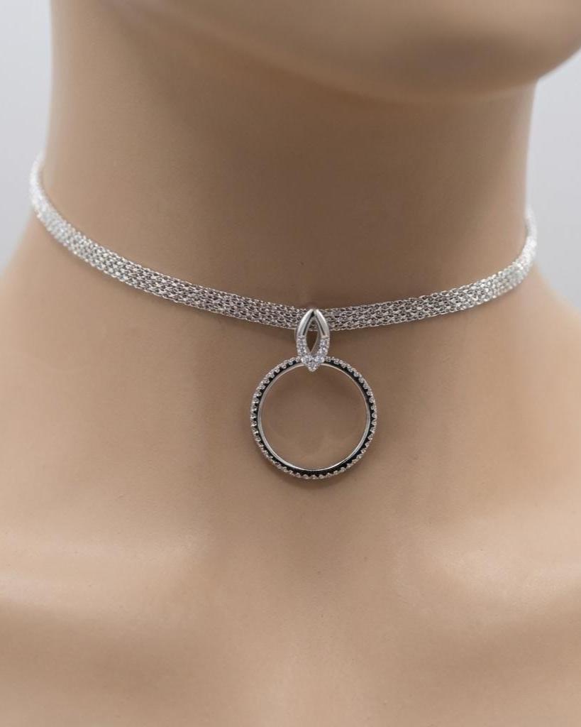 Sterling Silver Day Collar — Full CZ O-Ring Pendant on Rhodium Mesh Chain | 13"–17" Adjustable