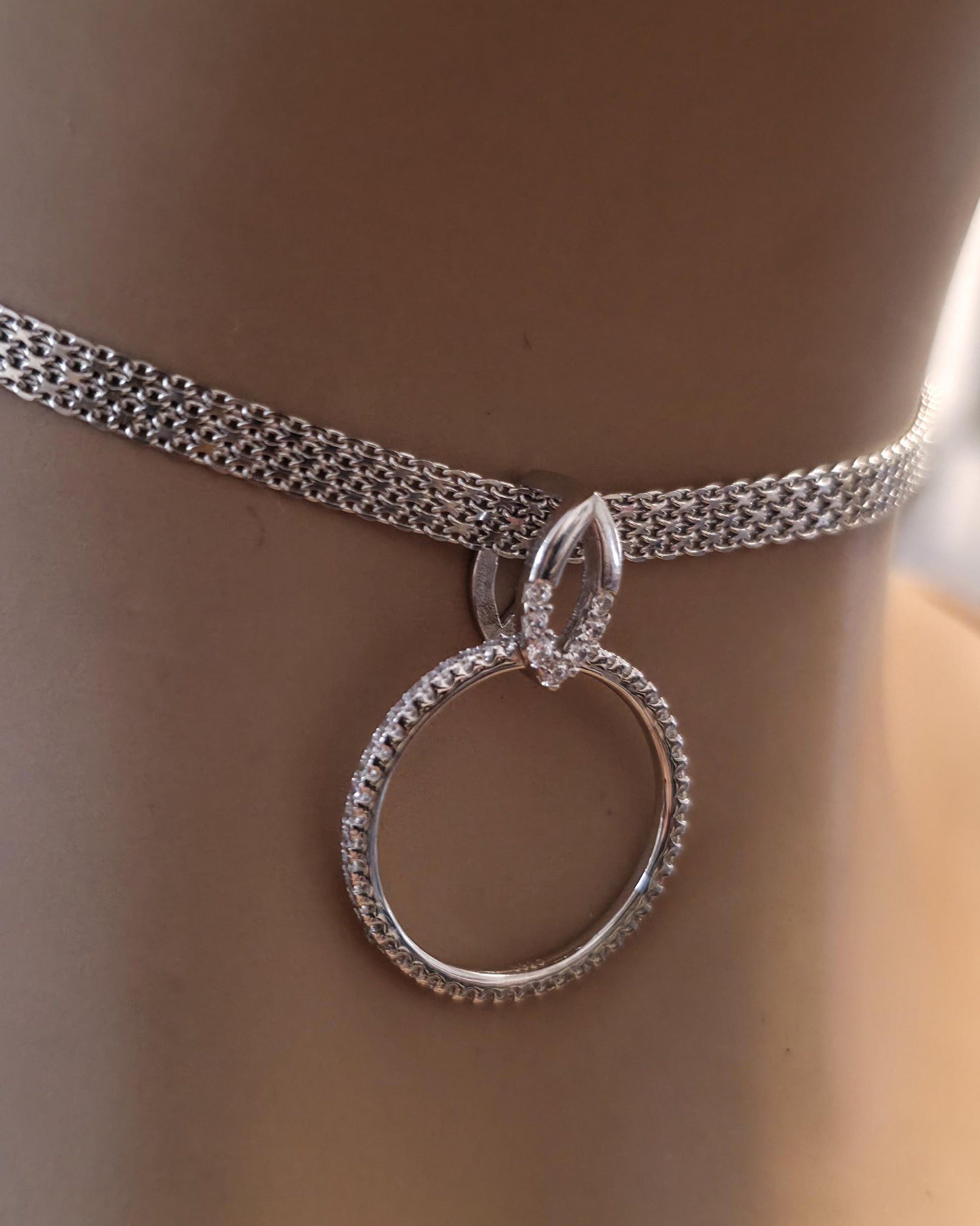 Sterling Silver Day Collar — Full CZ O-Ring Pendant on Rhodium Mesh Chain | 13"–17" Adjustable