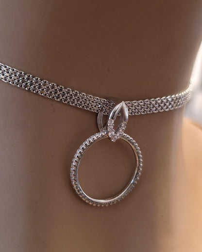 Sterling Silver Day Collar — Full CZ O-Ring Pendant on Rhodium Mesh Chain | 13"–17" Adjustable