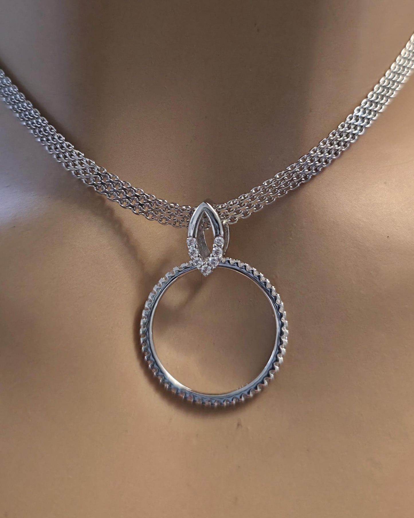 Sterling Silver Day Collar — Full CZ O-Ring Pendant on Rhodium Mesh Chain | 13"–17" Adjustable
