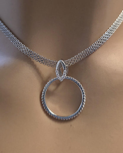 Sterling Silver Day Collar — Full CZ O-Ring Pendant on Rhodium Mesh Chain | 13"–17" Adjustable
