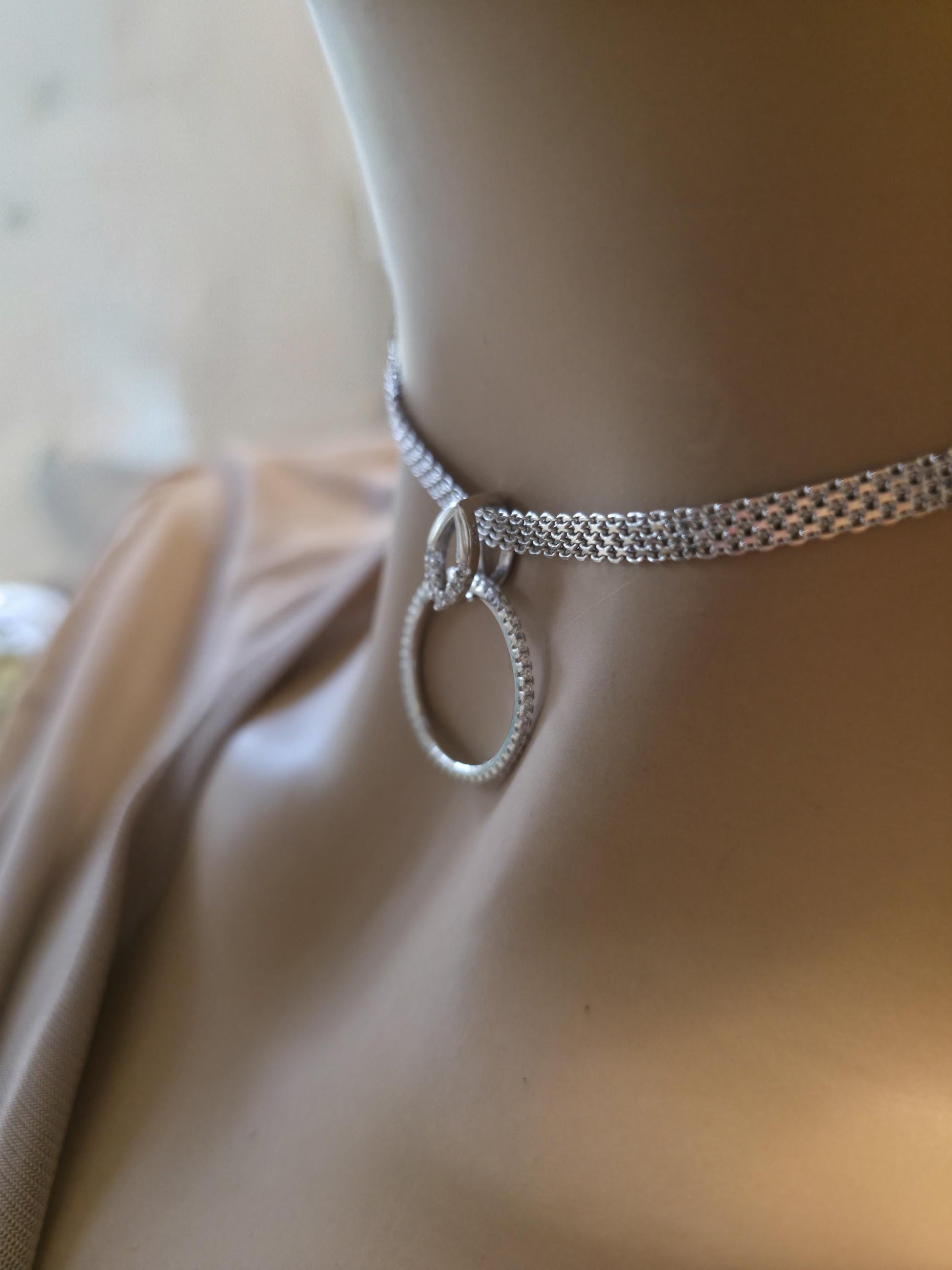 Sterling Silver Day Collar — Full CZ O-Ring Pendant on Rhodium Mesh Chain | 13"–17" Adjustable