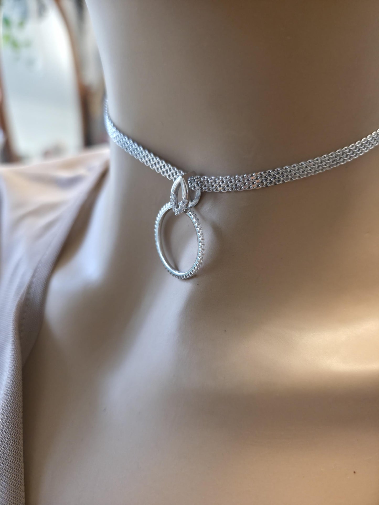 Sterling Silver Day Collar — Full CZ O-Ring Pendant on Rhodium Mesh Chain | 13"–17" Adjustable