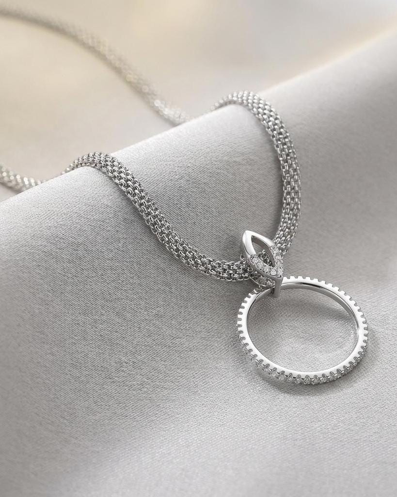 Sterling Silver Day Collar — Full CZ O-Ring Pendant on Rhodium Mesh Chain | 13"–17" Adjustable